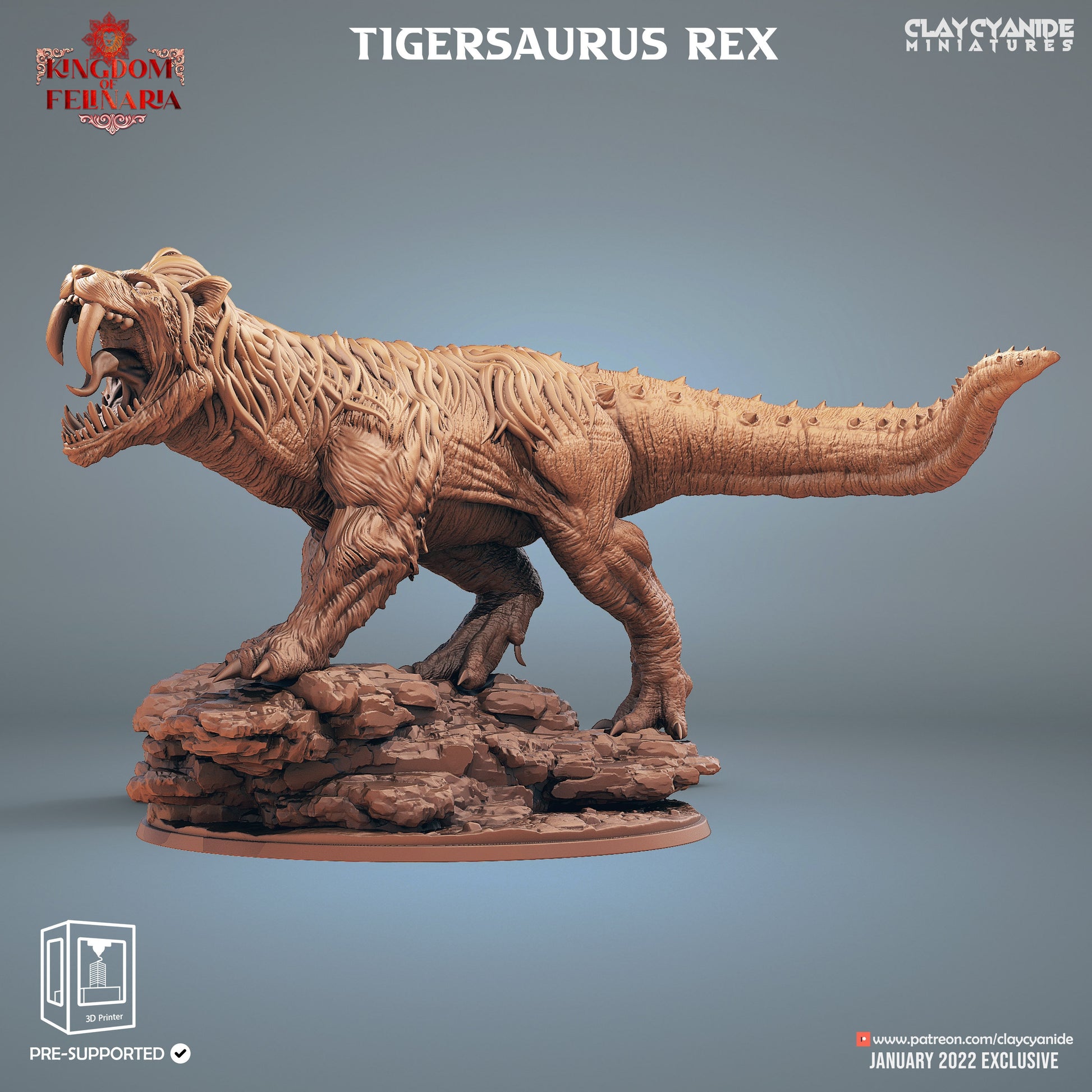 Tigersaurus Rex - Clay Cyanide Printed Miniature | Dungeons & Dragons | Pathfinder | Tabletop