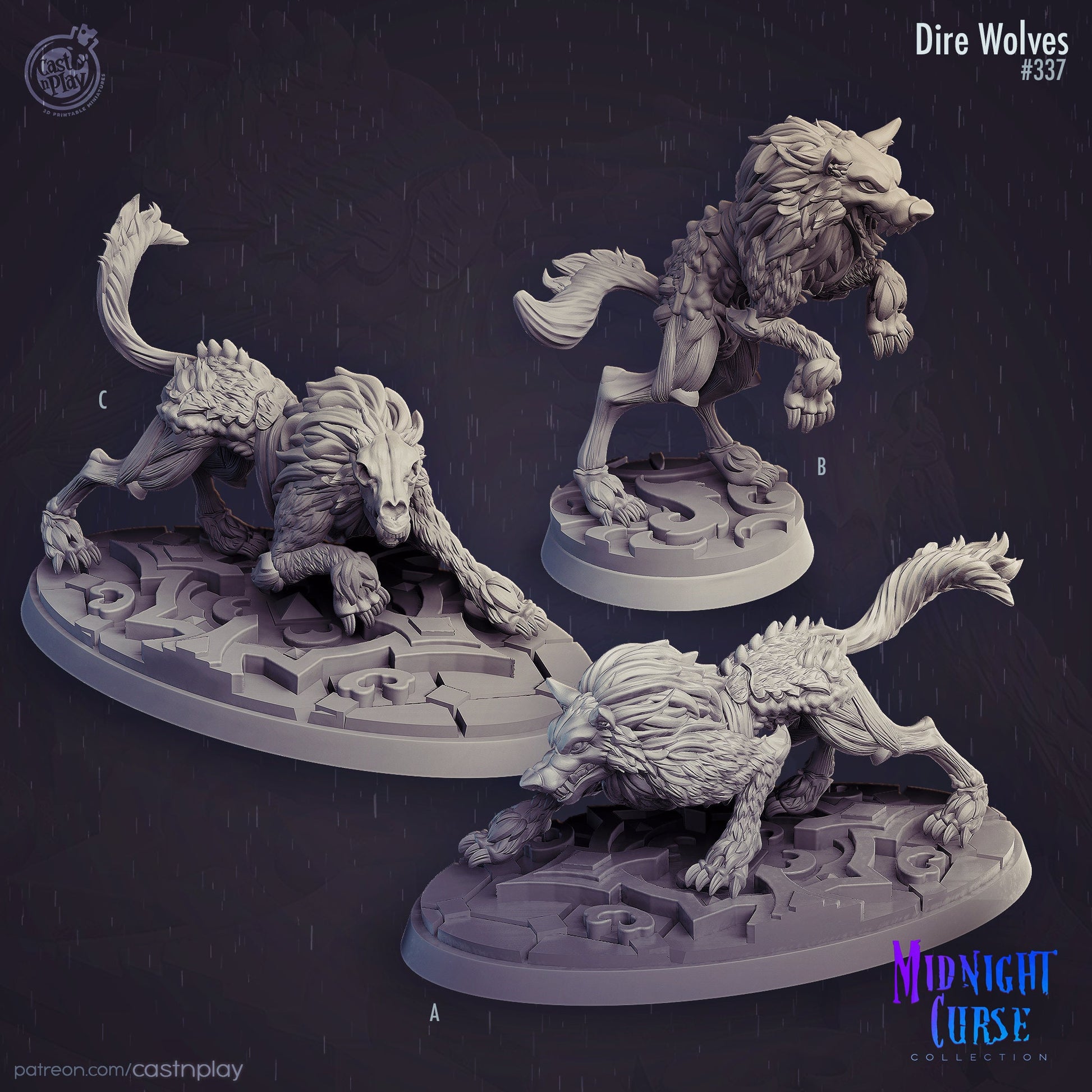 Midnight Wolves - 3 Cast n Play Printed Miniatures | Dungeons & Dragons | Pathfinder | Tabletop