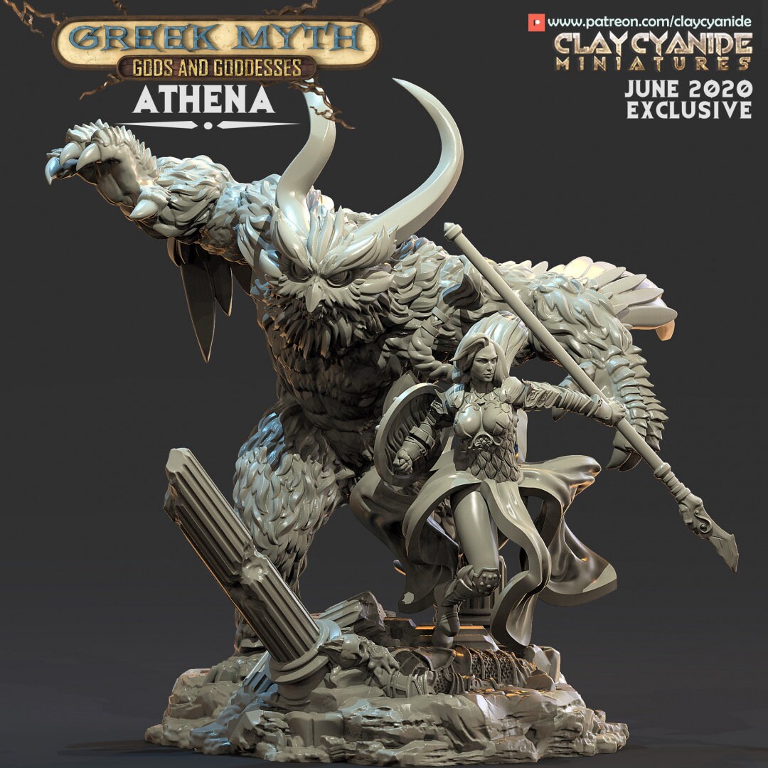 Athena + Owl Diarama - Clay Cyanide Printed Miniature | Dungeons & Dragons | Pathfinder | Tabletop