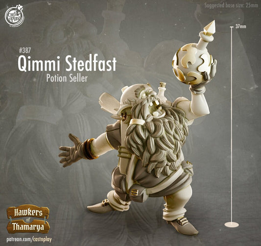 Qimmi Stedfast, Potion Seller - Cast n Play Printed Miniature | Dungeons & Dragons | Pathfinder | Tabletop