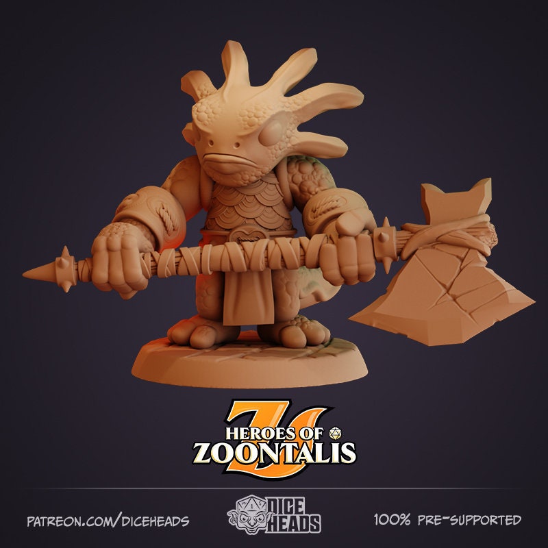 Axolotl Barbarian - Dice Heads Printed Miniatures | Dungeons & Dragons | Pathfinder | Tabletop