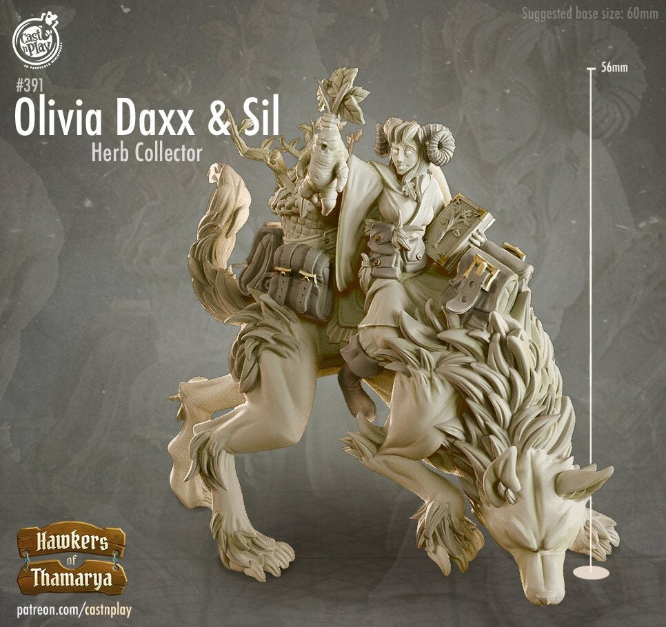 Olivia Daxx, Tiefling Trader and Sil, Wolf mount - Cast n Play Printed Miniature | Dungeons & Dragons | Pathfinder | Tabletop