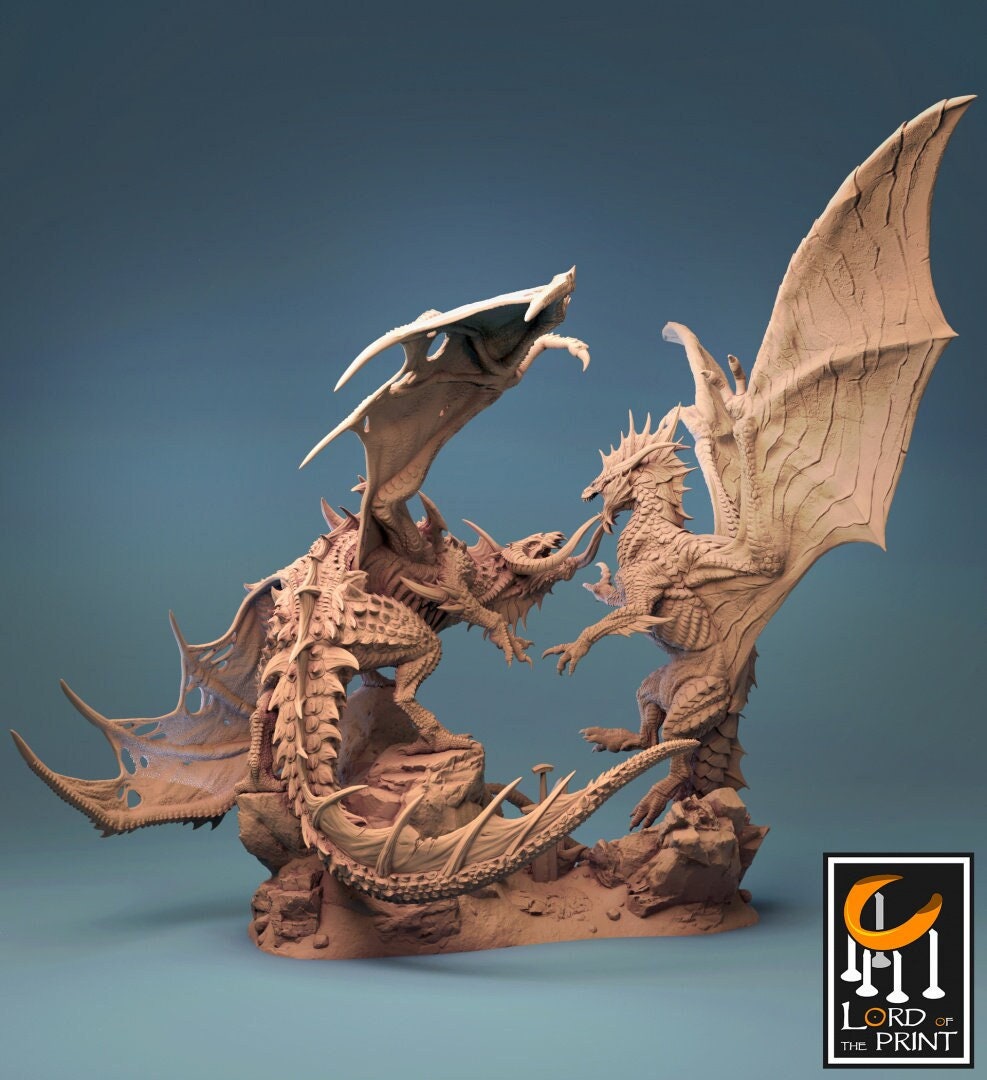 Dueling Dragons, Dark Dragon vs Gray Dragon - Lord of the Print Miniature Diarama | Dungeons & Dragons | Pathfinder | Tabletop