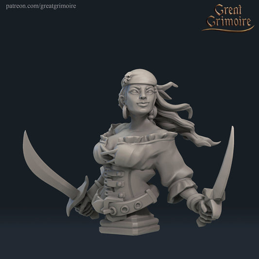 Adrie, Female Pirate Swashbuckler Bust - Great Grimoire Printed Miniature | Dungeons & Dragons | Pathfinder | Tabletop