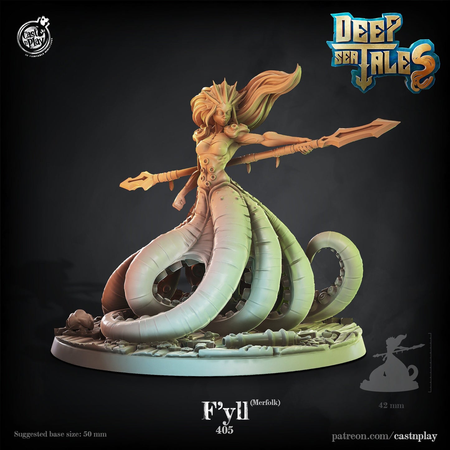 F’yll, Merfolk Warrior - Cast n Play Printed Miniature | Dungeons & Dragons | Pathfinder | Tabletop