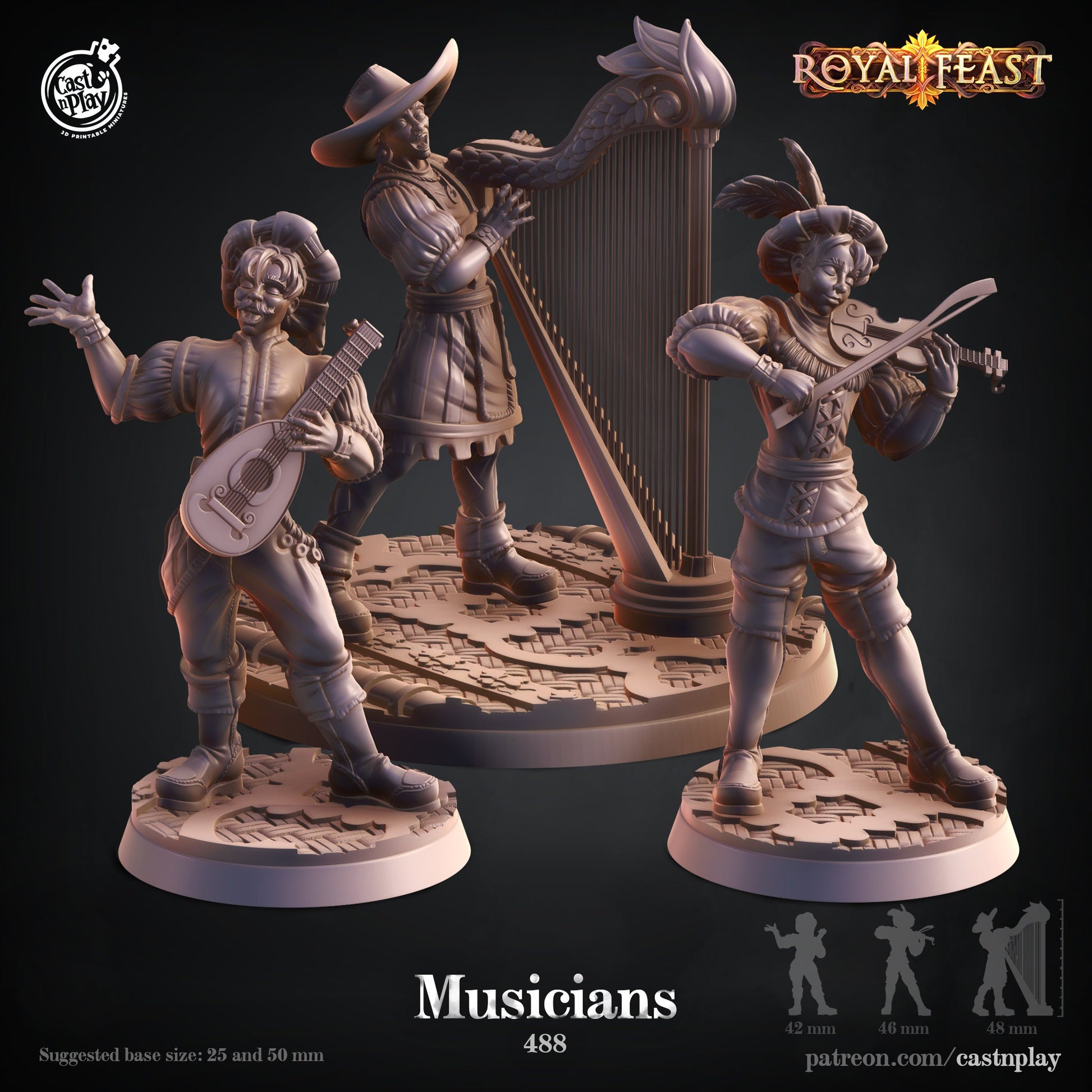 Musicians Townsfolk Painted Models - 3 Cast n Play Printed Miniatures | Dungeons & Dragons | Pathfinder | Tabletop