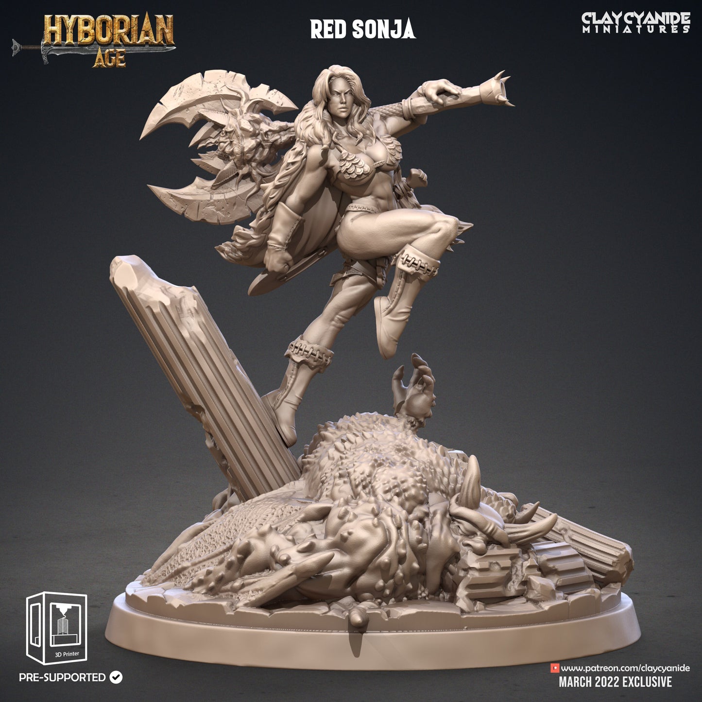 Red Sonja - Clay Cyanide Printed Miniature | Dungeons & Dragons | Pathfinder | Tabletop