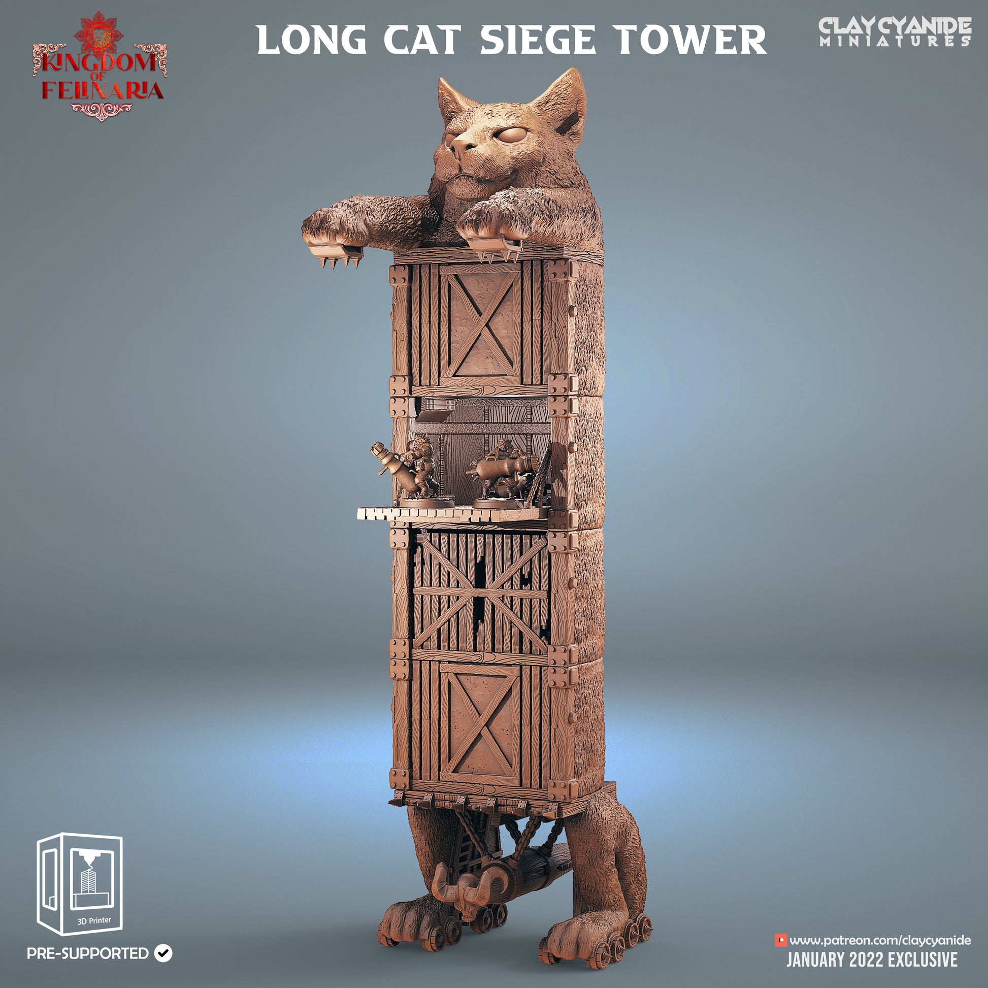 Long Cat Siege Tower - Clay Cyanide Printed Miniature | Dungeons & Dragons | Pathfinder | Tabletop